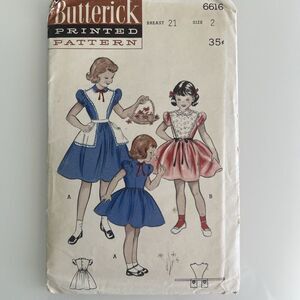 Vintage 1950 Butterick Girls’ Dress Plastron Elastic Waist Sewing Pattern #6616